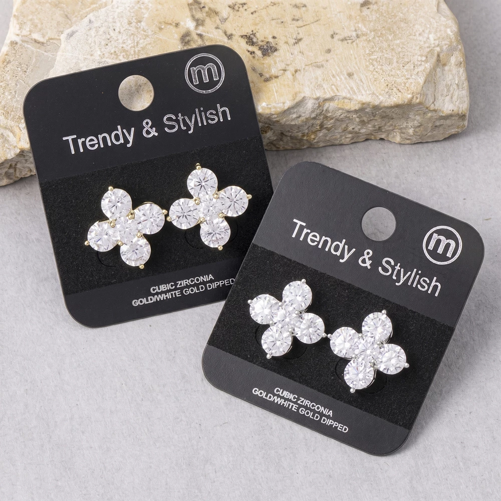 Gold Dipped Round Cz Clover Cluster Stud Earrings