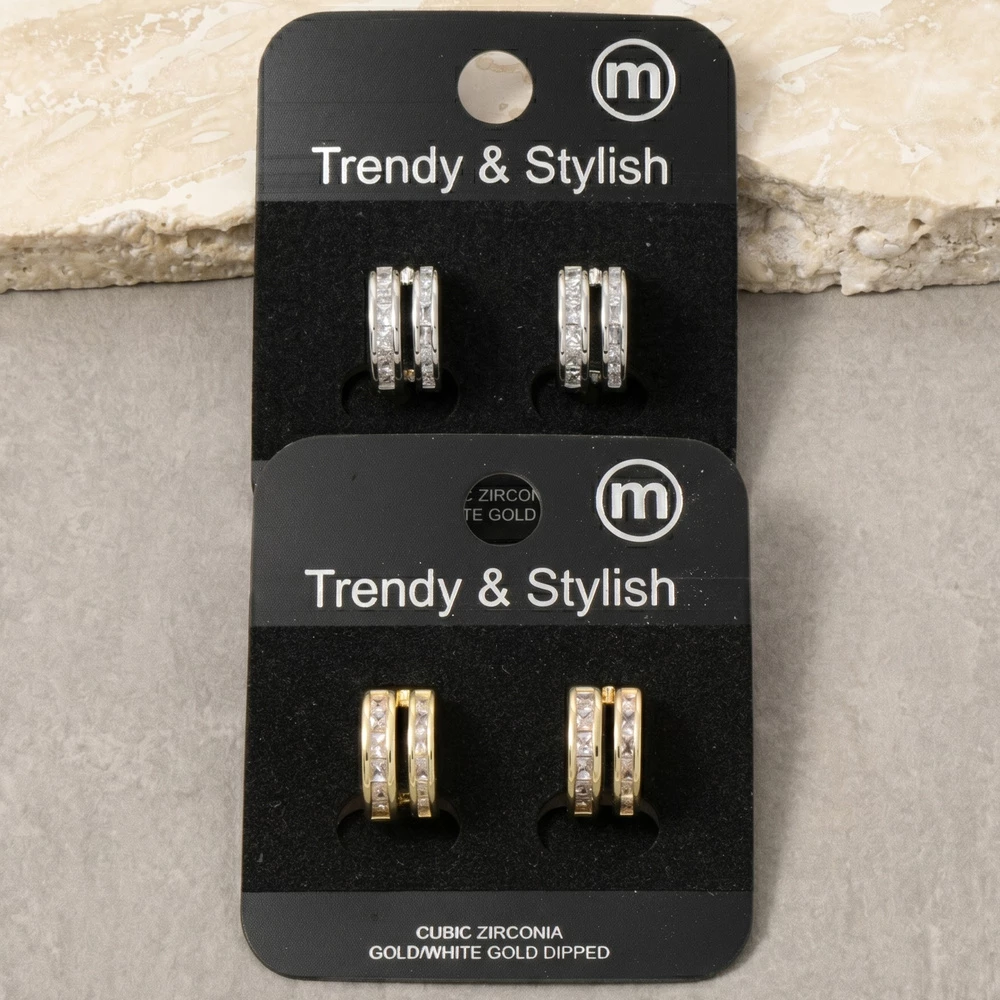 Double Row Cz Split Huggie Earrings