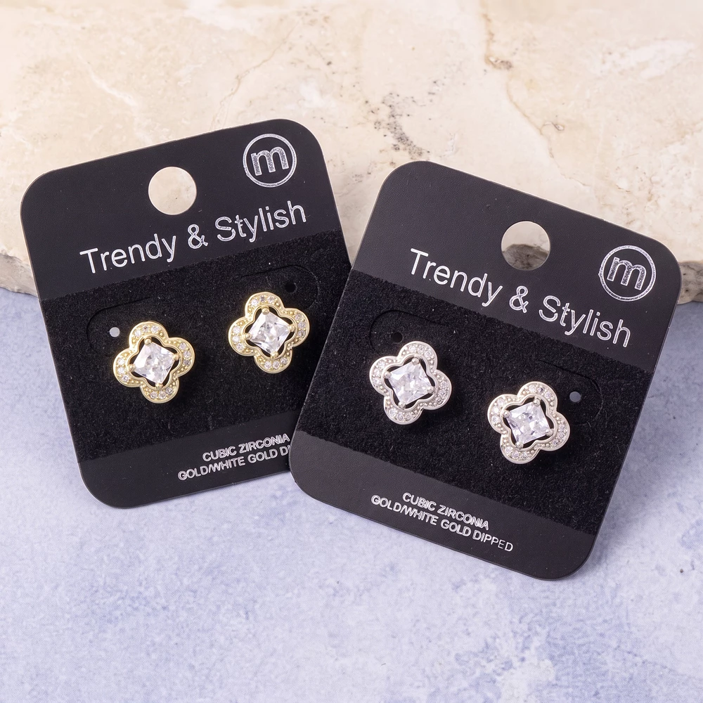 Gold Dipped Princess Cut Cz Clover Stud Earrings