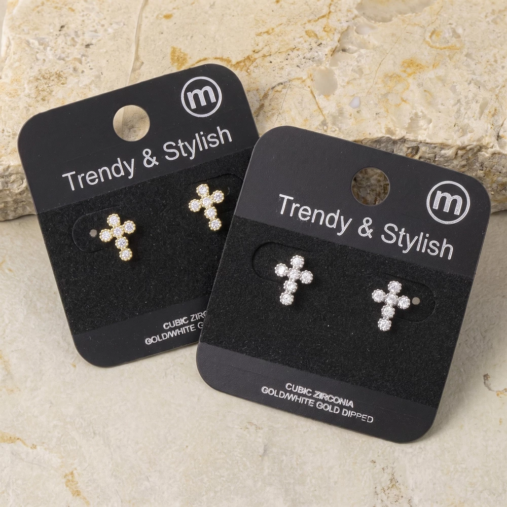 Gold Dipped Cz Cross Stud Earrings