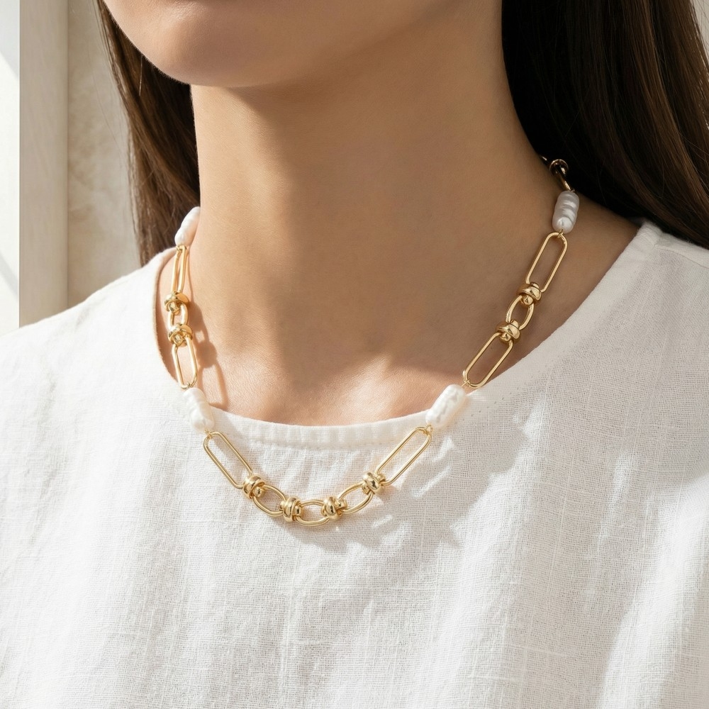 Long Oval Link And Pearl Chain Necklace