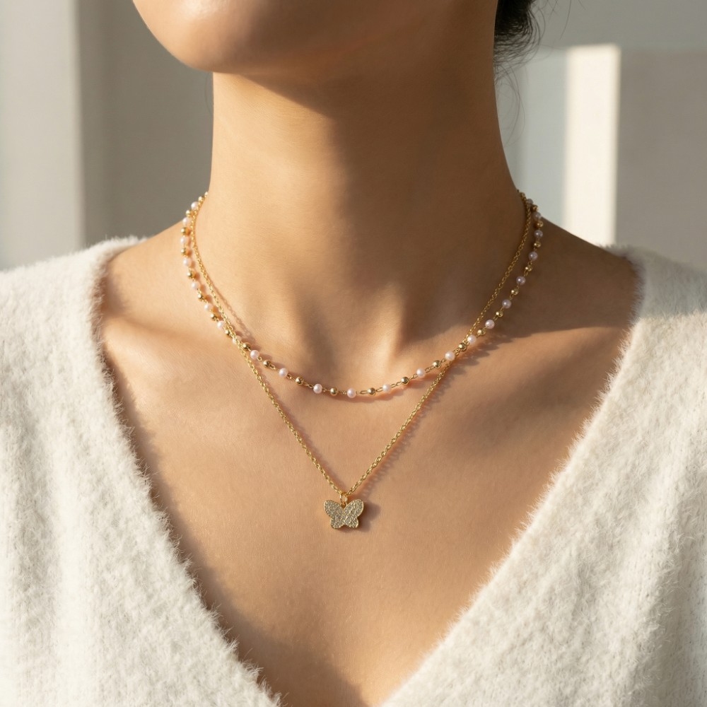 Butterfly Pendant Mixed Layered Chains Necklace