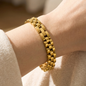 Wide Watch Band Link Paneled Statement Bracelet