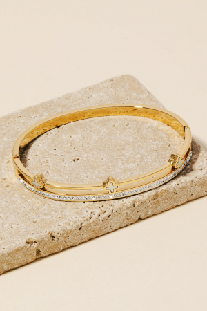 Stainless Steel Triple Clover And Pave Row Hinge Bangle Bracelet