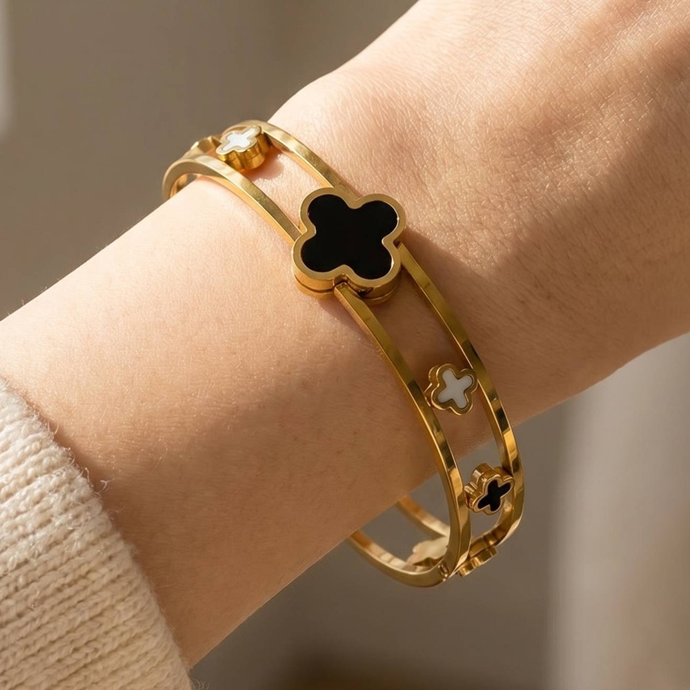 Onyx And Mop Clover Station Hinged Bangle Bracelet