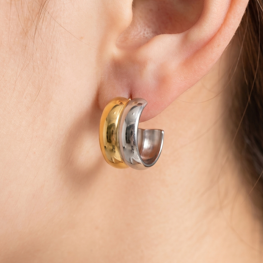 Stainless Steel Two Tone Chunky Huggie Earrings