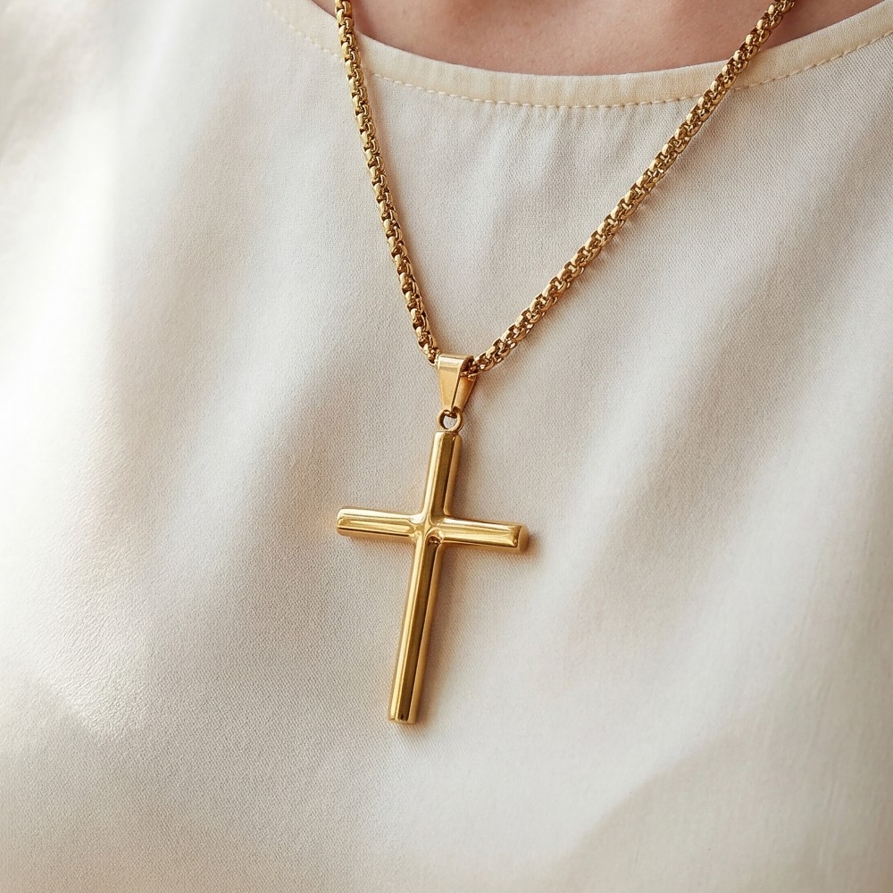 Stainless Steel Cross Pendant Box Chain Necklace