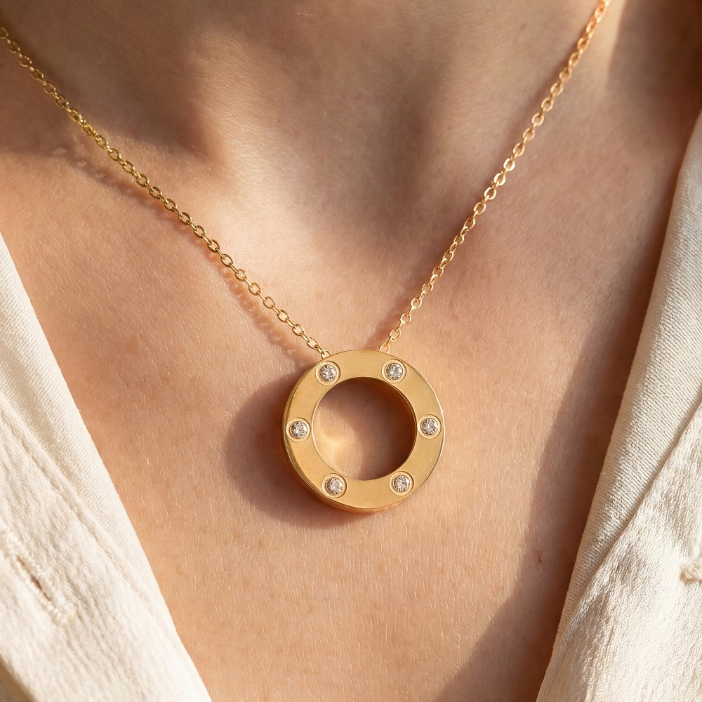 Stainless Steel Studded Hoop Pendant Necklace