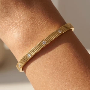 Stainless Steel Ribbed Cz Bezel Stretch Bracelet