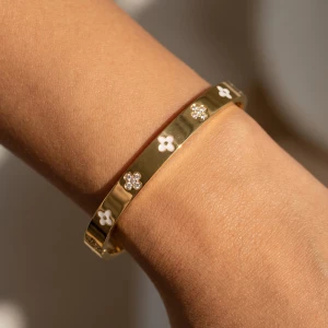 Stainless Steel Mother Of Pearl Clover Bangle Bracelet