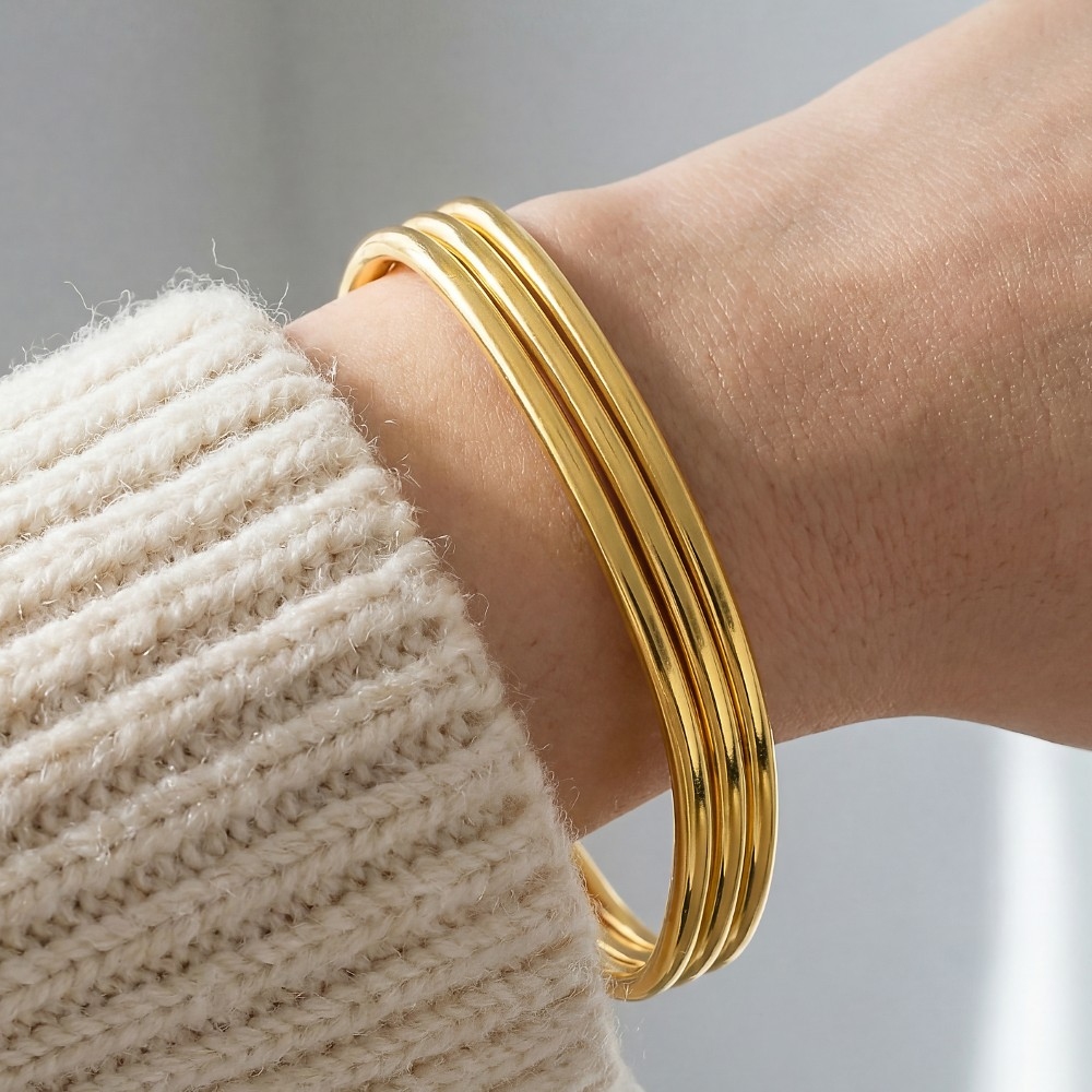 Stainless Steel Three Row Square Bangle Bracelet