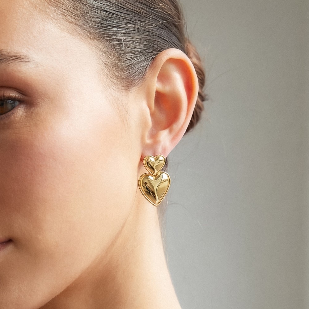 Secret Box Gold Dipped Stainless Steel Double Heart Dangle Earrings