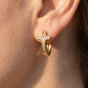 14K Gold Dipped Cz Cross Huggie Hoop Earrings