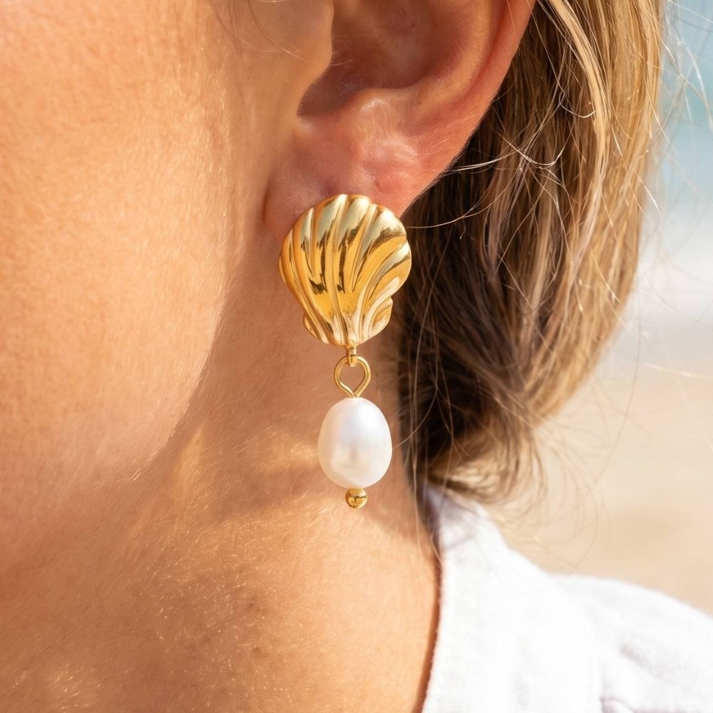 Gold Dipped Scallop Shell Stud & Pearl Drop Earrings