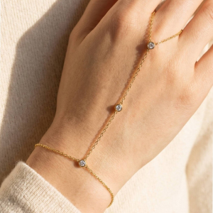 Cz Bezel Station Hand Chain Finger Ring Bracelet