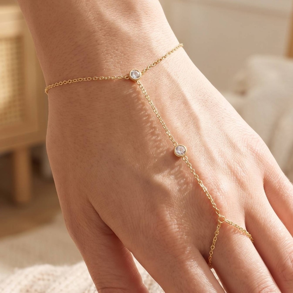 Dainty Cz Bezel Hand Chain Finger Ring Bracelet