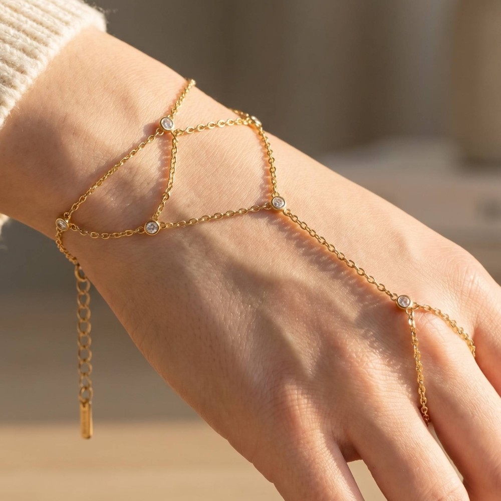 Multi-Strand Cz Bezel Drape Hand Chain Finger Ring Bracelet