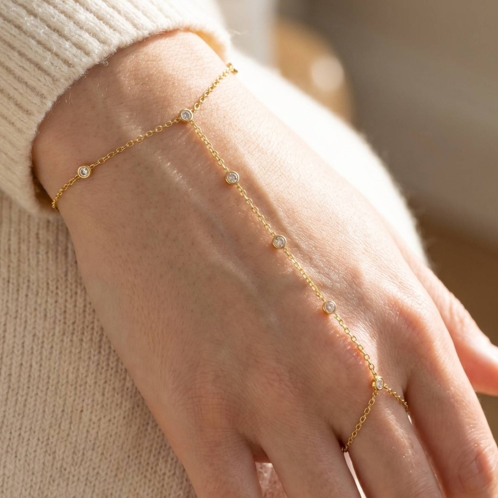 Multi-Station Cz Bezel Hand Chain Finger Ring Bracelet