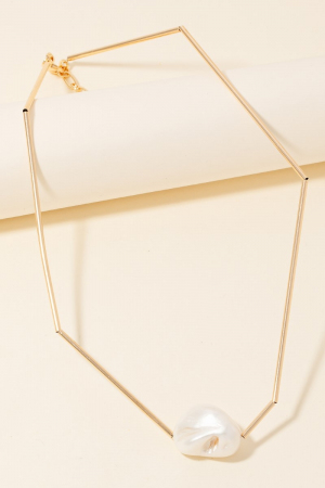 Pearl Pendant Long Metallic Tube Bead Necklace