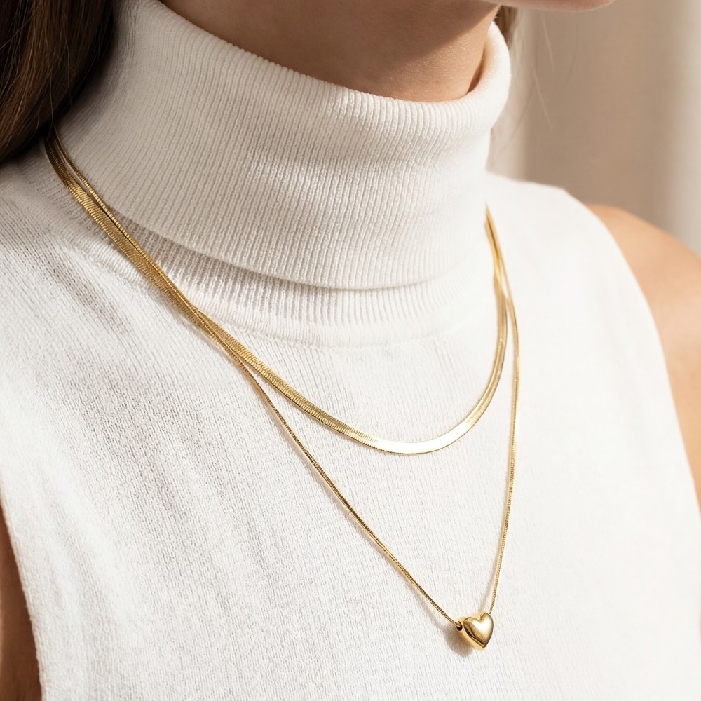 Stainless Steel Layered Heart Pendant Necklace