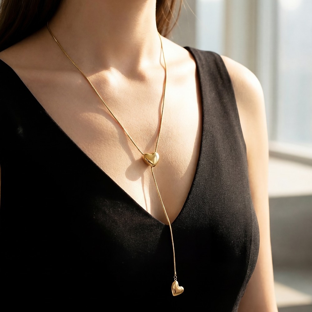 Secret Box Stainless Steel Double Hearts Y Chain Necklace