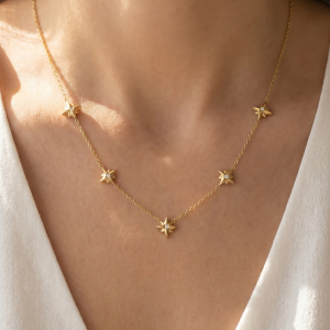 14K Gold Dipped Cz Triple Star Station Necklace