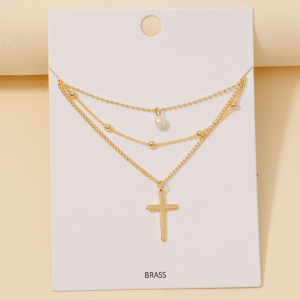Mixed Layered Chains Cross And Pearl Charm Necklace