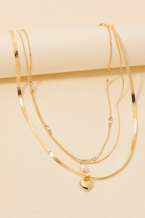 Heart And Pearl Charms Layered Chain Necklace