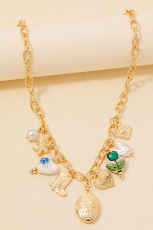 Floral Hearts Pearl And Western Charms Chain Necklace