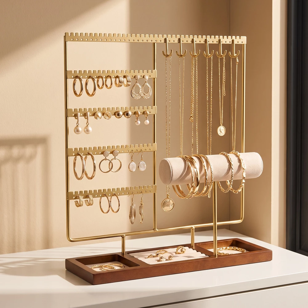 Earring And Necklace Display Stand With Bracelet Roll