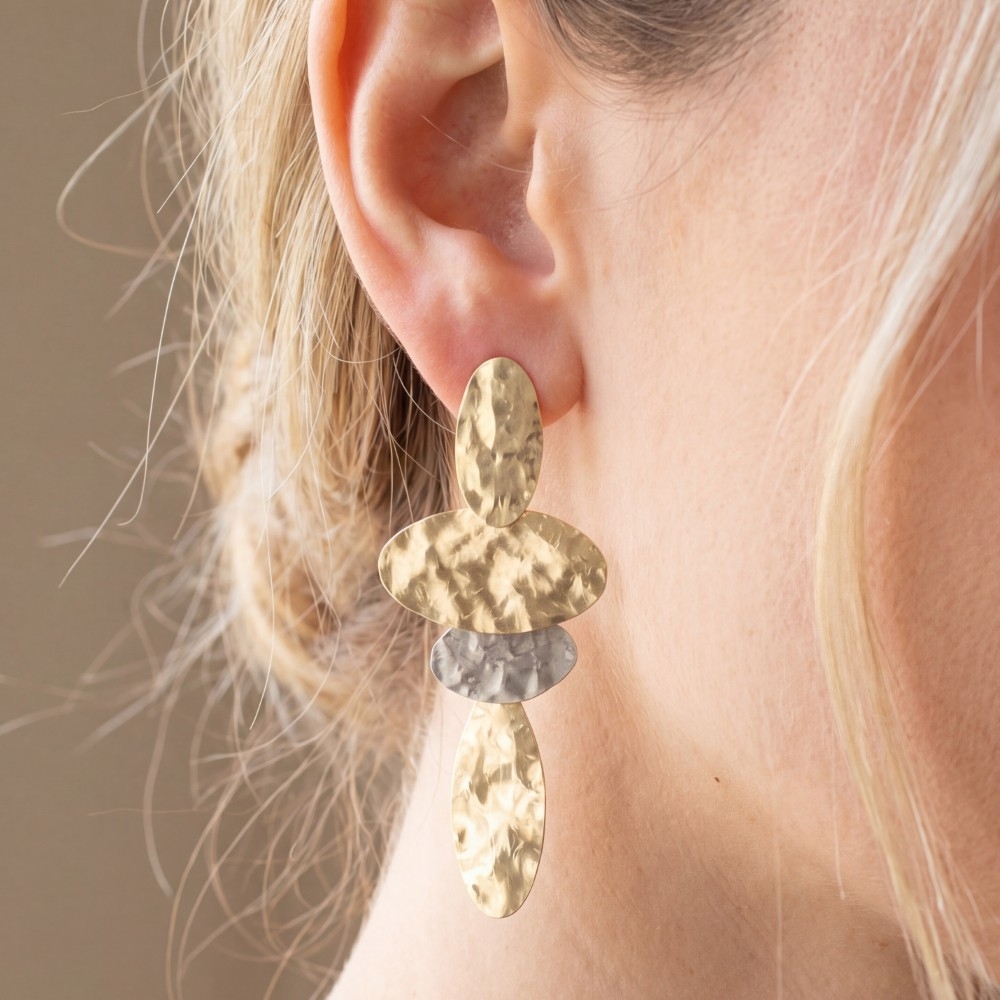 Hammered Graduated Oval Disc Drop Earrings