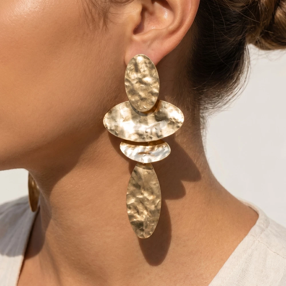 Hammered Graduated Oval Disc Drop Earrings