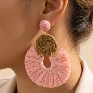 Raffia Fringe Fan Woven Rattan Drop Earrings