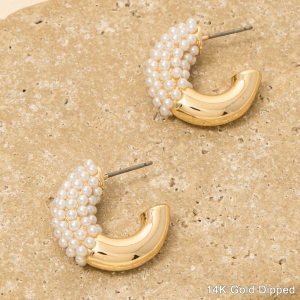 Gold Dipped Half Pearl Pave Hoop Earrings