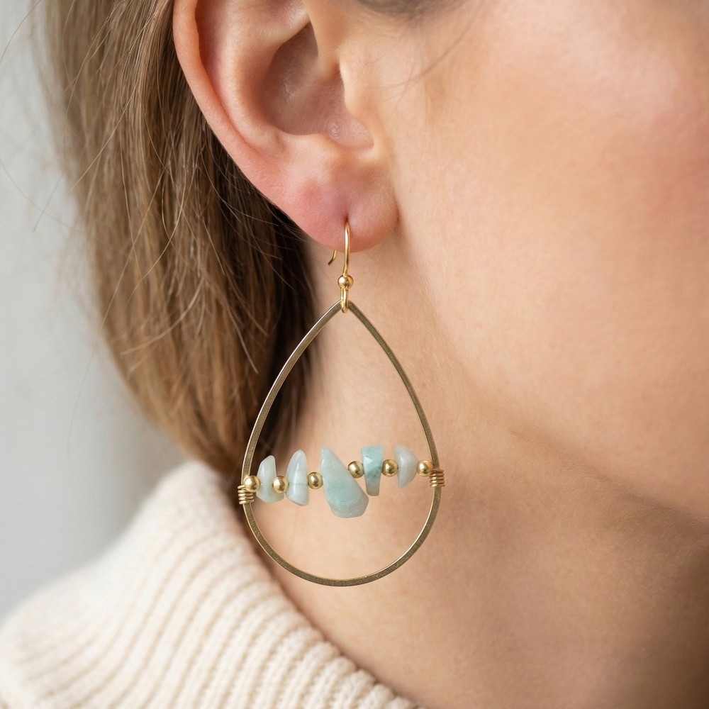 Pebble Stone Beads Tear Dangle Earrings