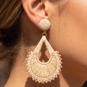 Raffia Wrapped Teardrop Fan Drop Earrings With Beads