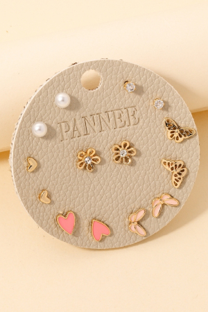 Assorted Heart Butterfly And Pearl Stud Earrings Set