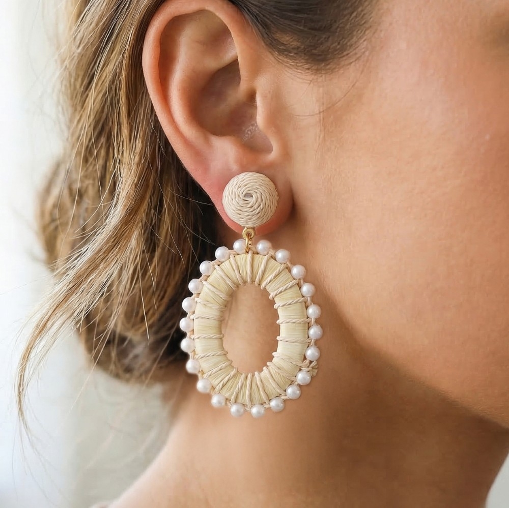 Pearl Beads Rattan Wrap Oval Hoop Dangle Earrings