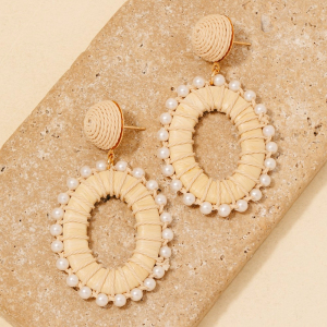 Pearl Beads Rattan Wrap Oval Hoop Dangle Earrings