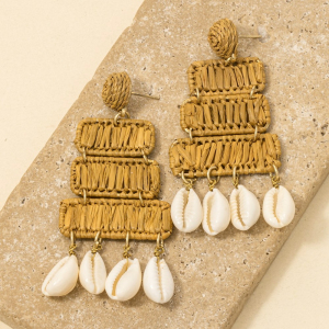 Raffia Rectangles And Puka Shells Dangle Earrings