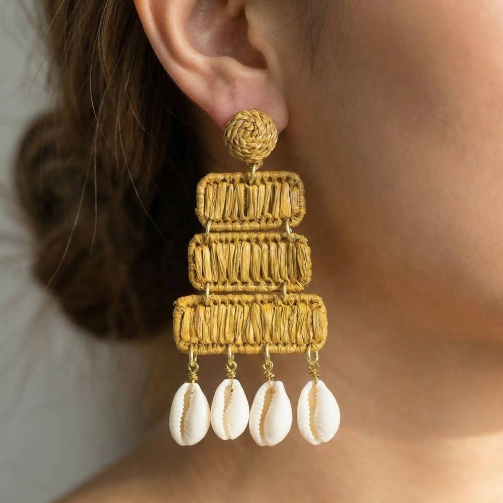 Raffia Rectangles And Puka Shells Dangle Earrings
