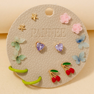 Flower Cherry And Butterfly Mixed Stud Earrings Set