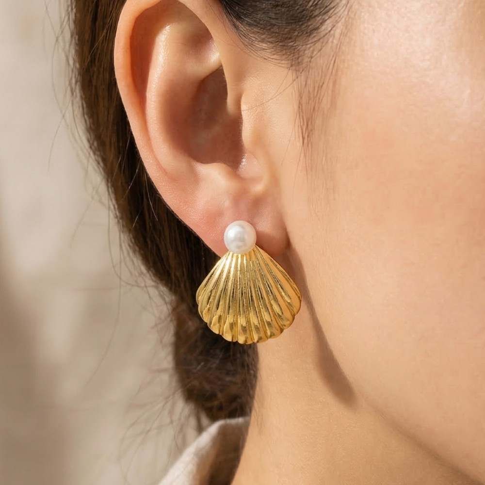 Pearl And Clam Shell Stud Dangle Earrings