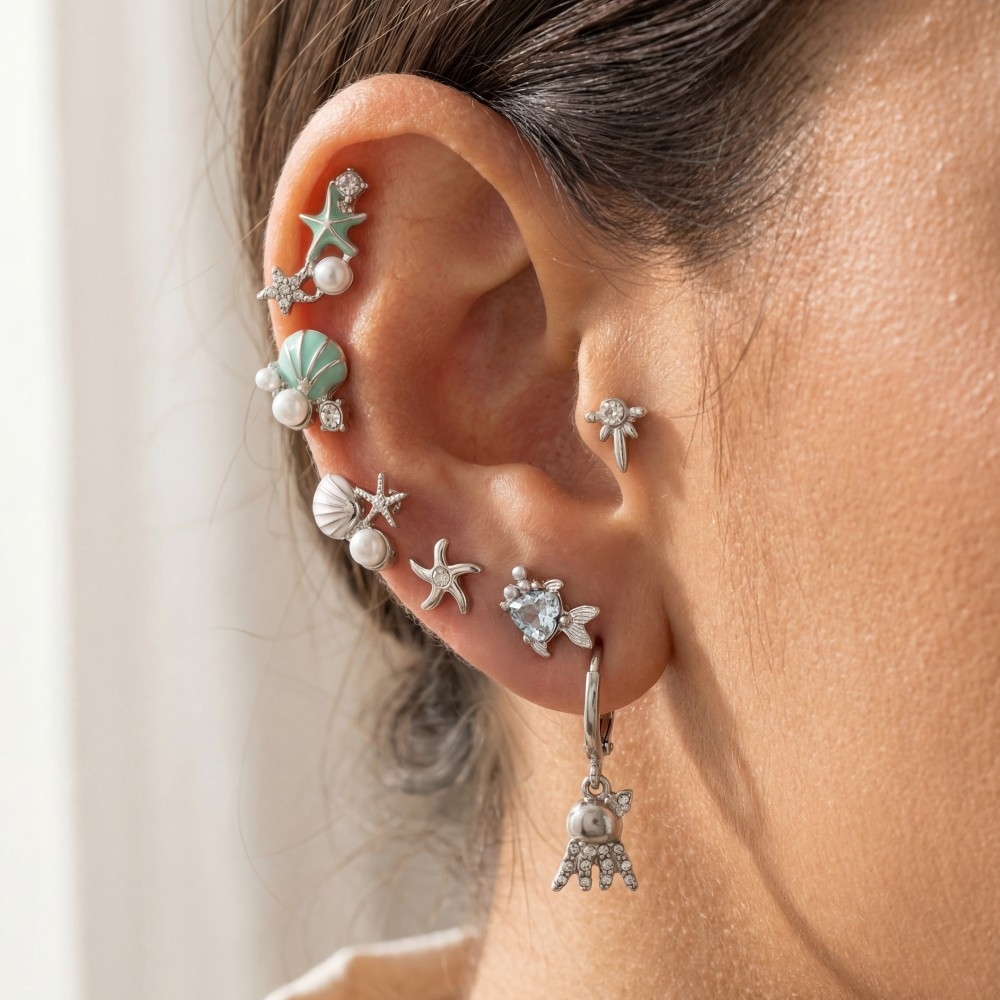 Mixed Sea Life Pearl And Enamel Earrings Set