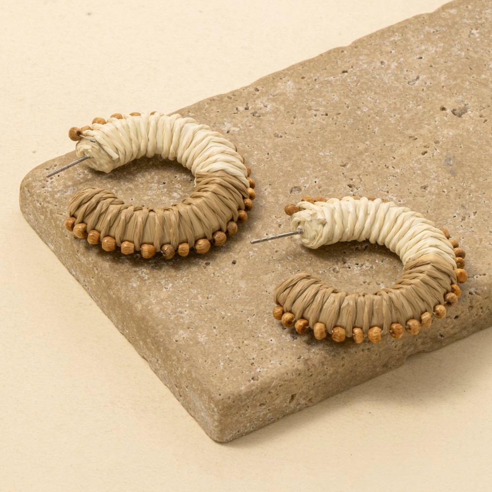 Two Tone Raffia Straw Hoop Earrings