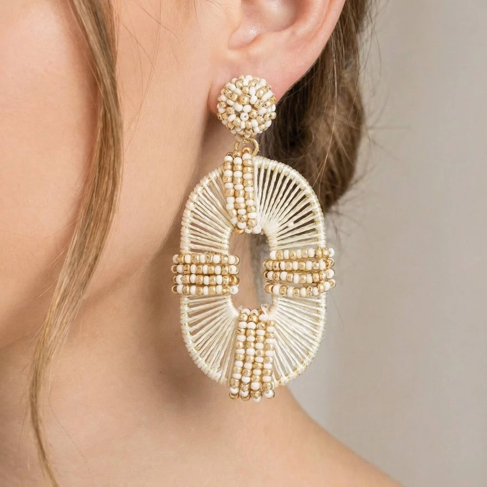 Mixed Beads Raffia Oval Drop Earrings