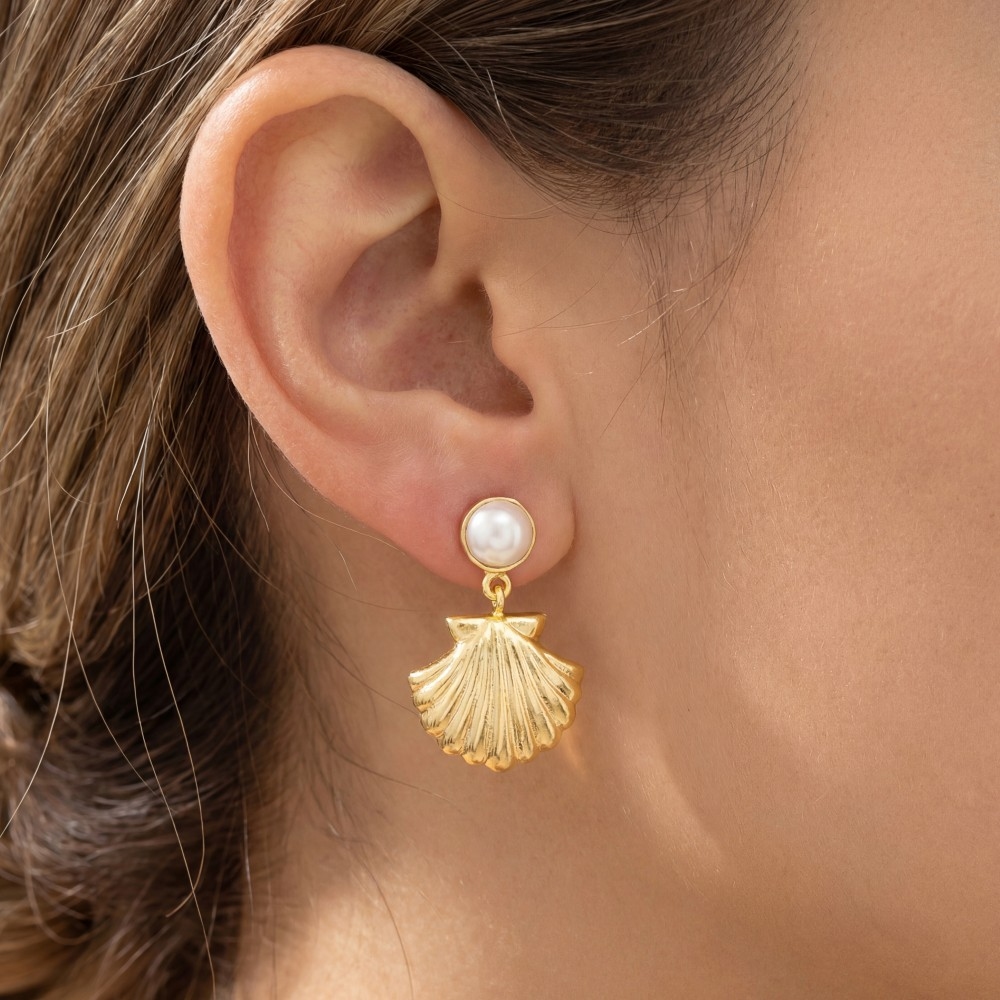 Clam Shell And Pearl Sea Life Stud Dangle Earrings