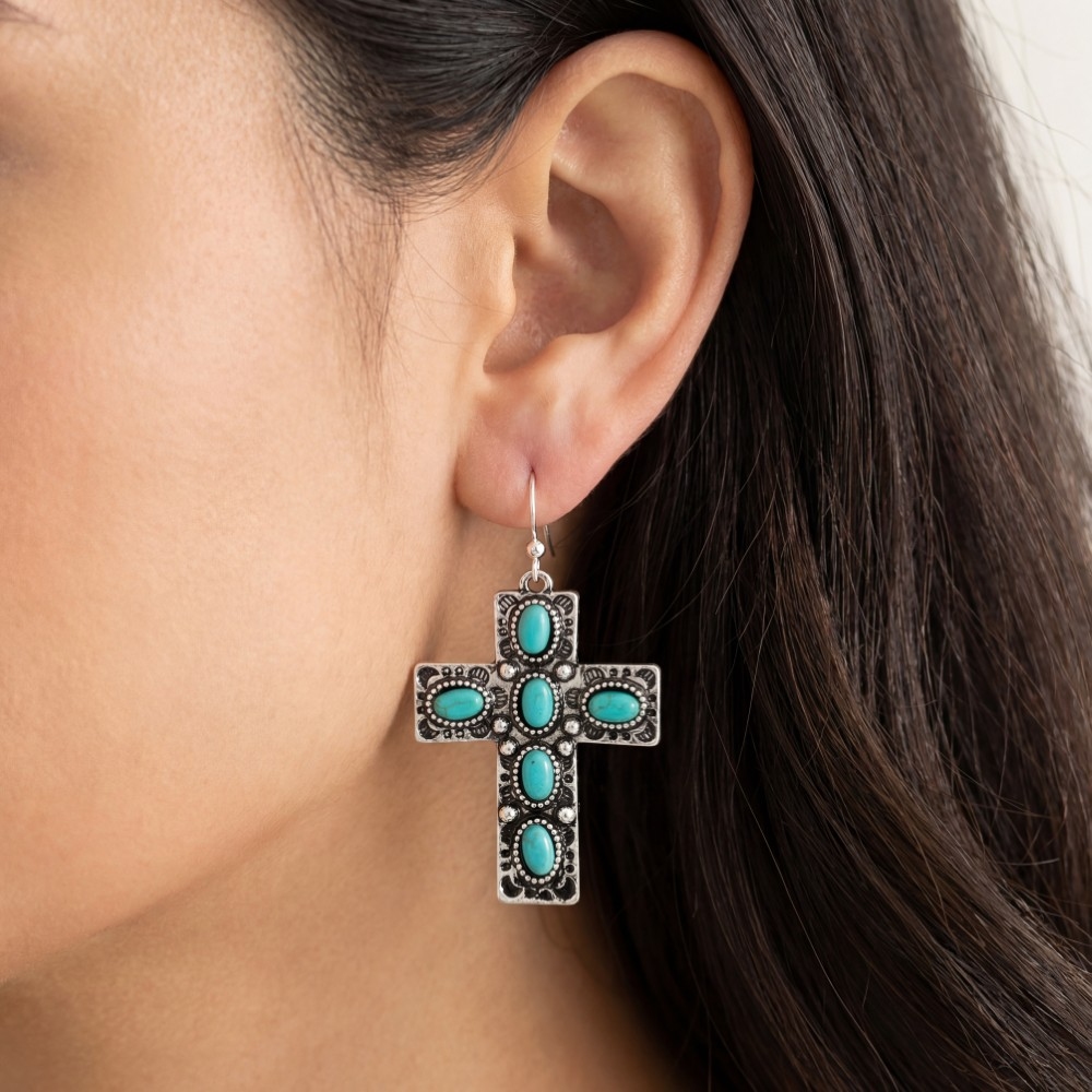 Oval Stone Studded Cross Dangle Earrings