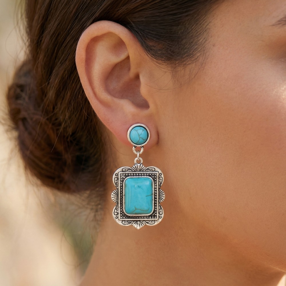 Vintage Square Stone Stud Dangle Earrings