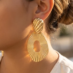 Ribbed Open Oval Statement Drop Earrings